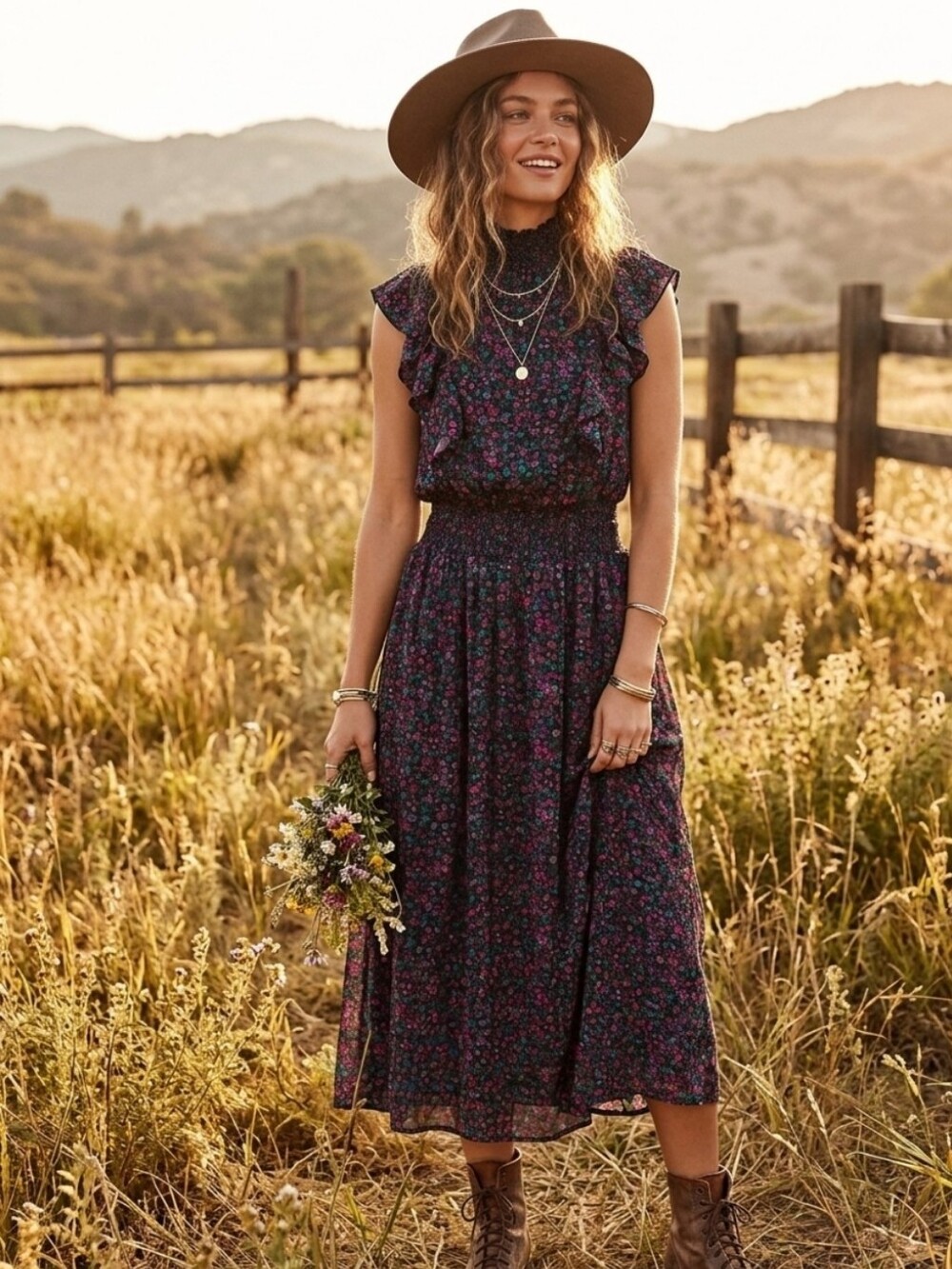 BCBG Paris NWOT Floral High-Neck Ruffle Midi Dress